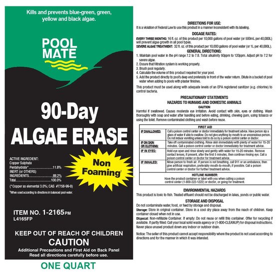 Pool Mate 90 Day Algaecide 2 x 1 Quarts NonFoaming Algaecides